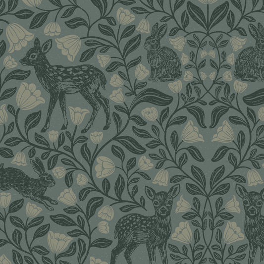 Patterned wallpaper with deer, rabbits, and flowers on a dark green background
