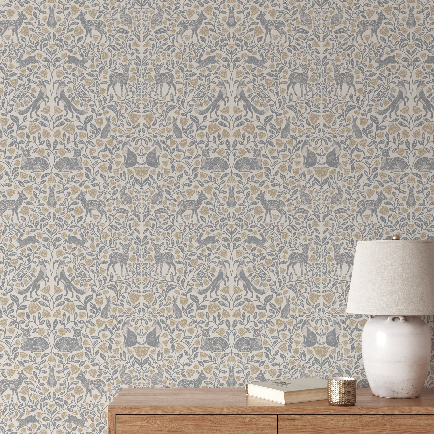 Wallpaper with animal pattern, wooden side table with lamp and books against a patterned wall.