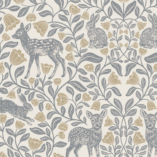 Patterned fabric with deer, rabbits, and flowers on a cream background