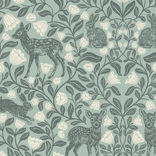Patterned wallpaper with deer, rabbits, and flowers on a teal background