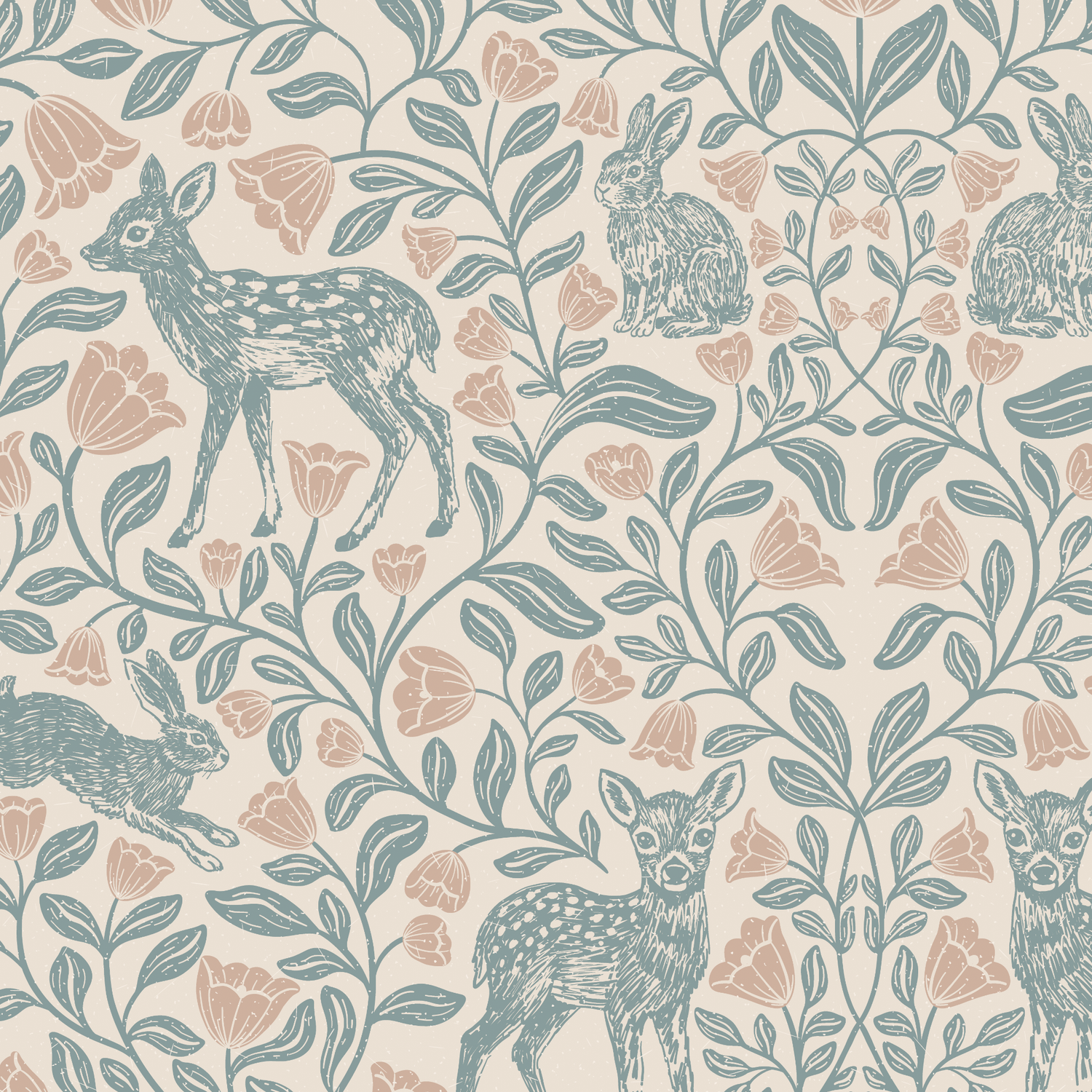 Patterned fabric with deer, rabbits, and floral design on a beige background