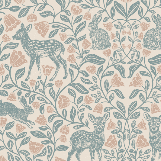 Patterned fabric with deer, rabbits, and floral design on a beige background