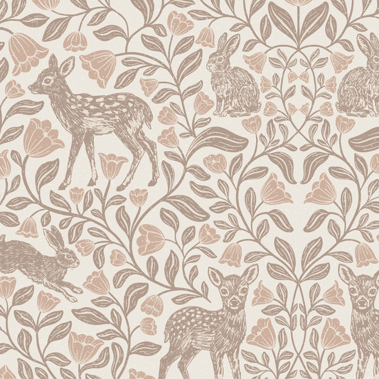 Patterned wallpaper with deer, rabbits, and floral elements on a light background