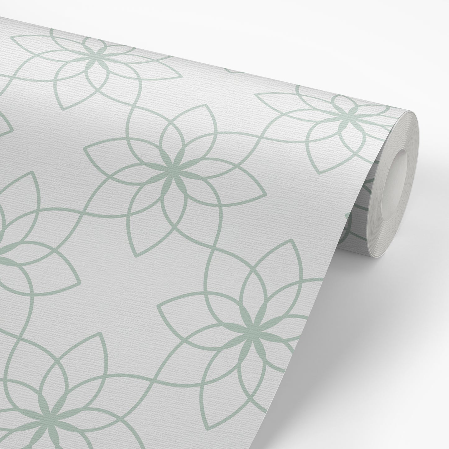 The Floral Tile wallpaper in Sea Green shown on a wallpaper roll.