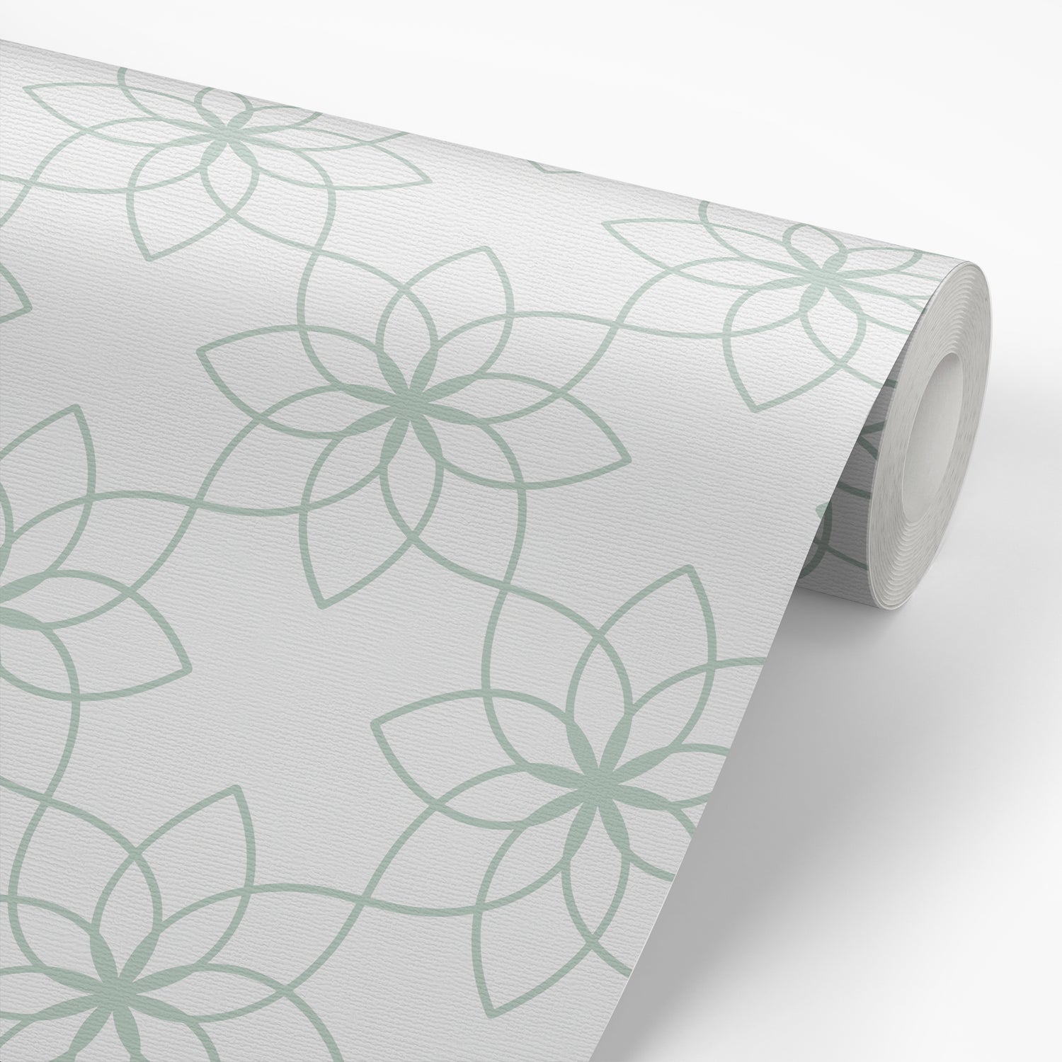 The Floral Tile wallpaper in Sea Green shown on a wallpaper roll.