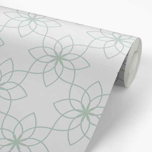 The Floral Tile wallpaper in Sea Green shown on a wallpaper roll.