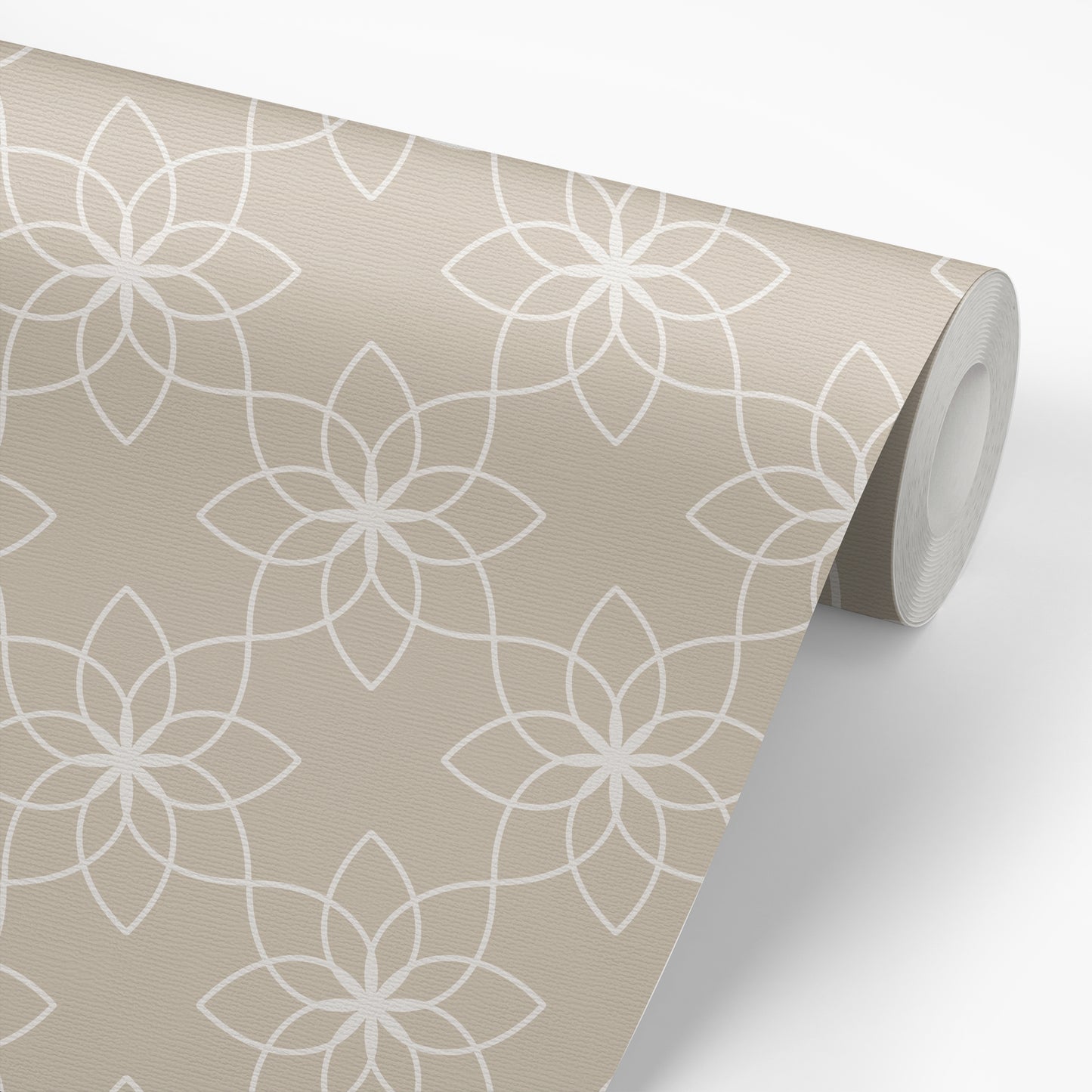 Floral Tile Wallpaper in Tan shown on a wallpaper roll.
