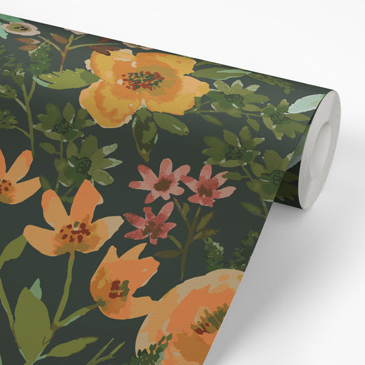 Over the Garden Wall Wallpaper in Green shown on a wallpaper roll.