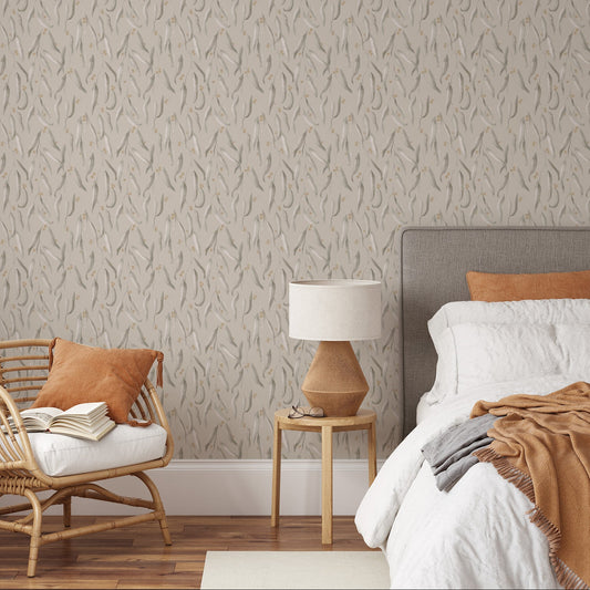 Bedroom with Wattle wallpaper, wicker chair, and wooden nightstand.