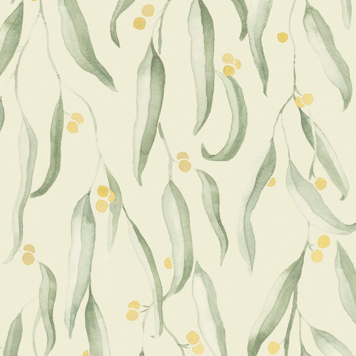 Pattern of green leaves and yellow berries on a light background. Closeup of our Wattle in Sunlight Yellow wallpaper.