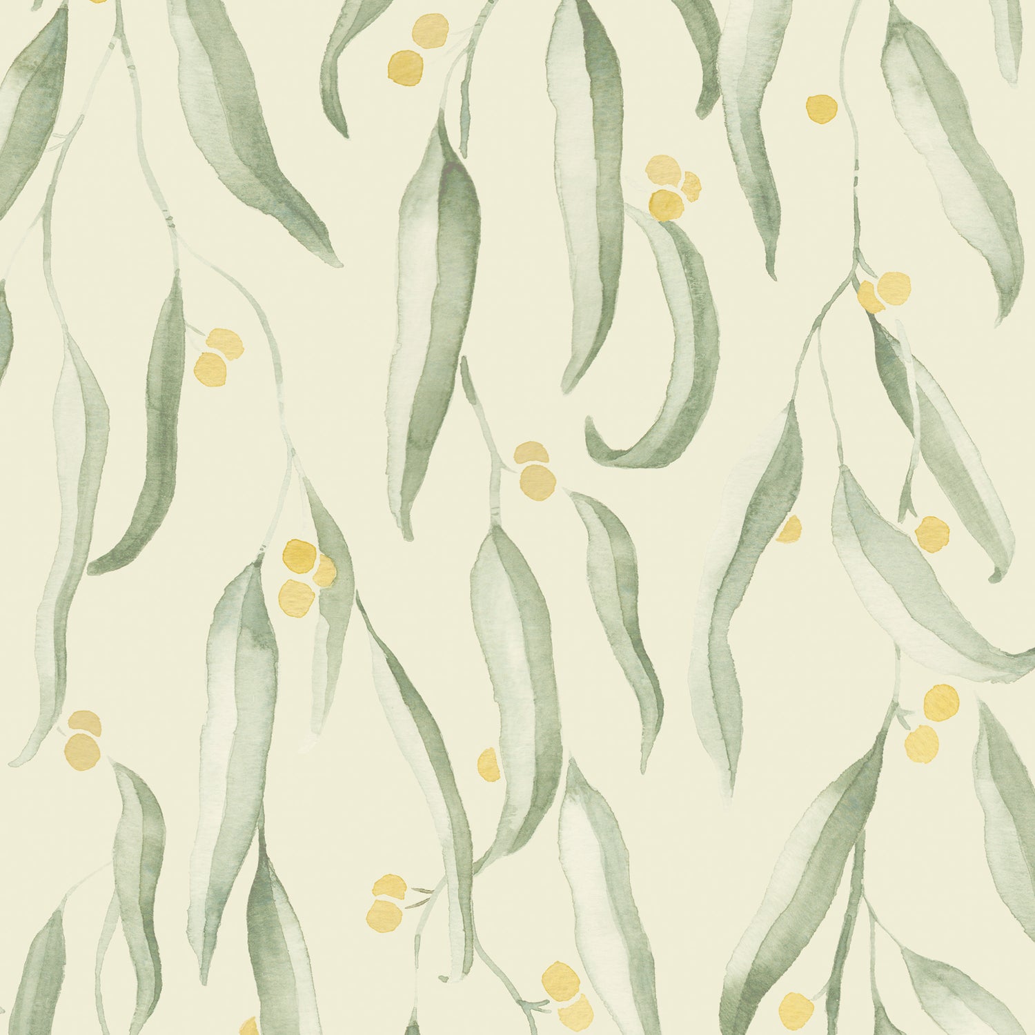Pattern of green leaves and yellow berries on a light background. Closeup of our Wattle in Sunlight Yellow wallpaper.