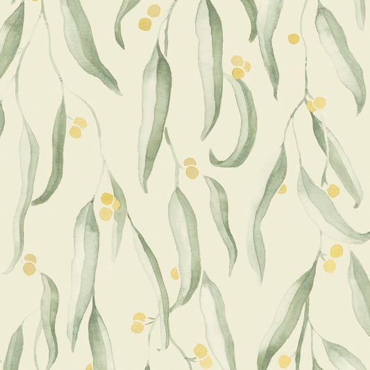 Pattern of green leaves and yellow berries on a light background. Closeup of our Wattle in Sunlight Yellow wallpaper.