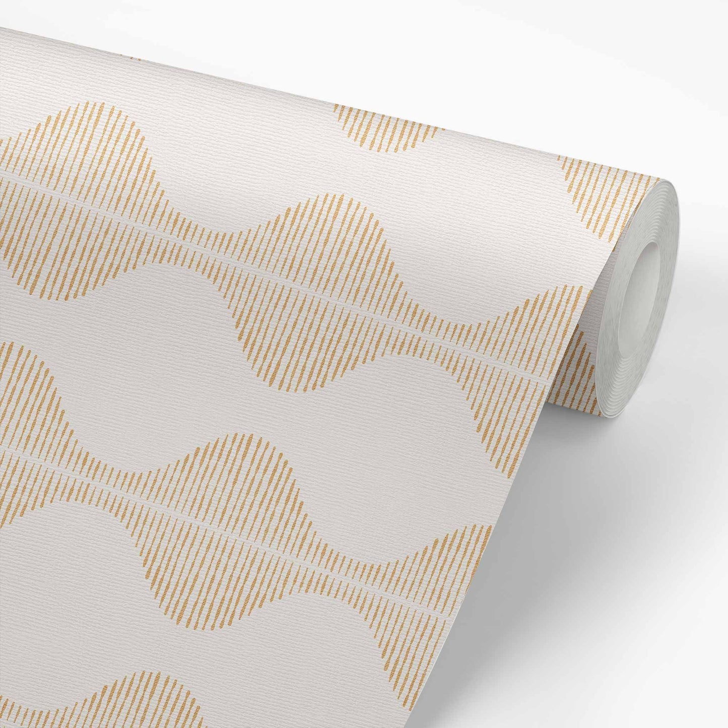 Bring a wave of modern beauty to any room with this stunning Wavy Line Art Wallpaper! The subtle tawny on cream design is completely gorgeous and sure to make a statement in any space. 