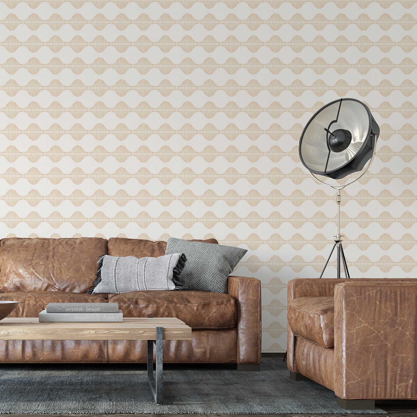Bring a wave of modern beauty to any room with this stunning Wavy Line Art Wallpaper! The subtle tawny on cream design is completely gorgeous and sure to make a statement in any space. 