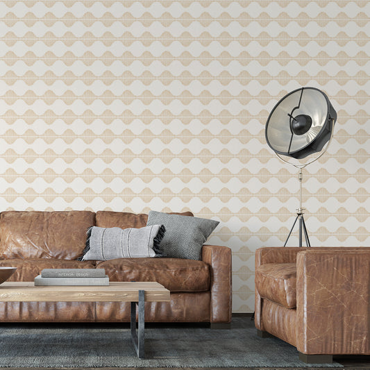 Bring a wave of modern beauty to any room with this stunning Wavy Line Art Wallpaper! The subtle tawny on cream design is completely gorgeous and sure to make a statement in any space.