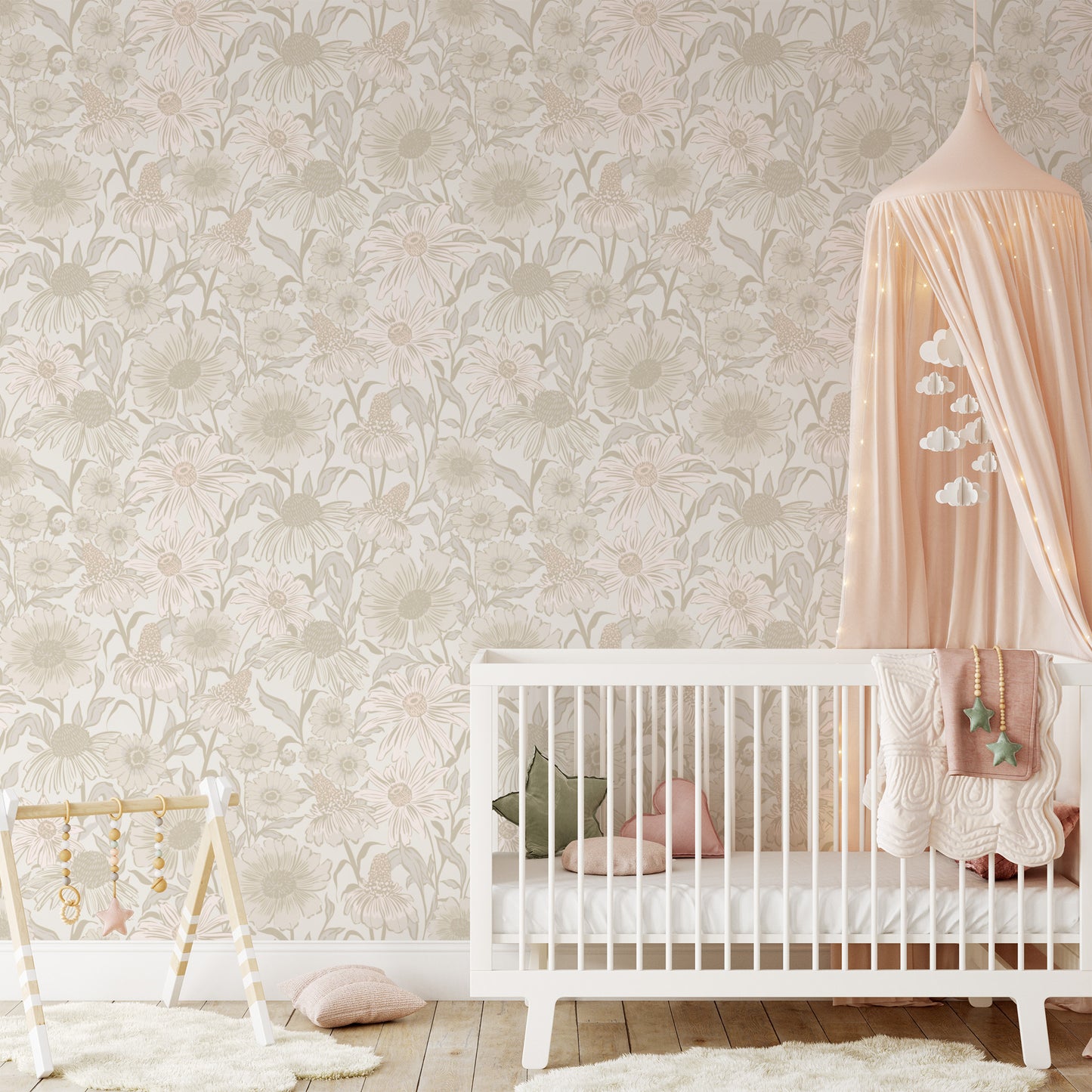 Nursery room with floral wallpaper, white crib, and pink canopy.
