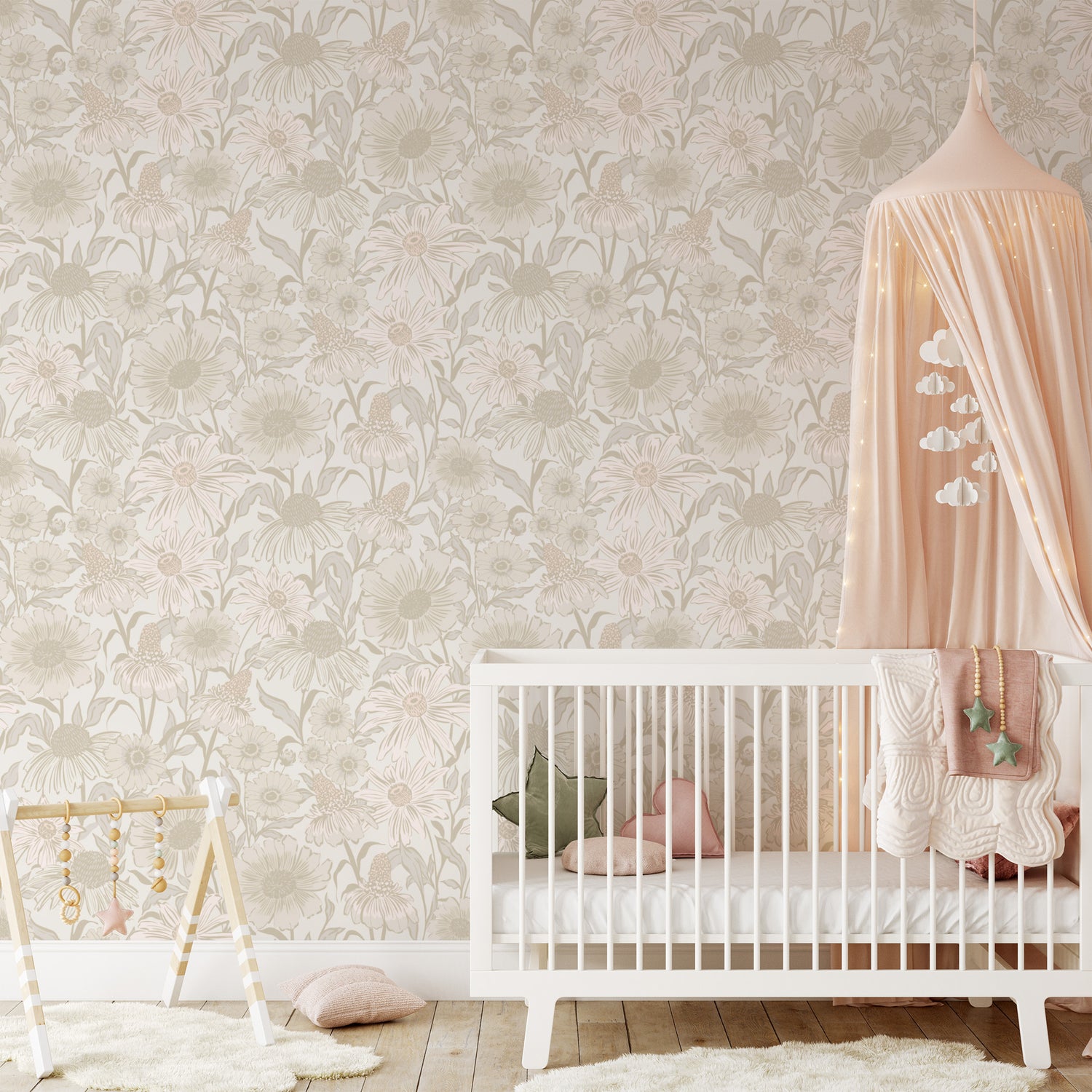 Nursery room with floral wallpaper, white crib, and pink canopy.