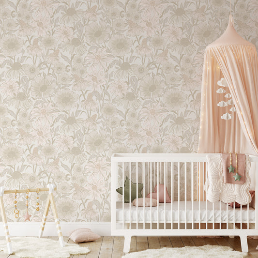 Nursery room with floral wallpaper, white crib, and pink canopy.