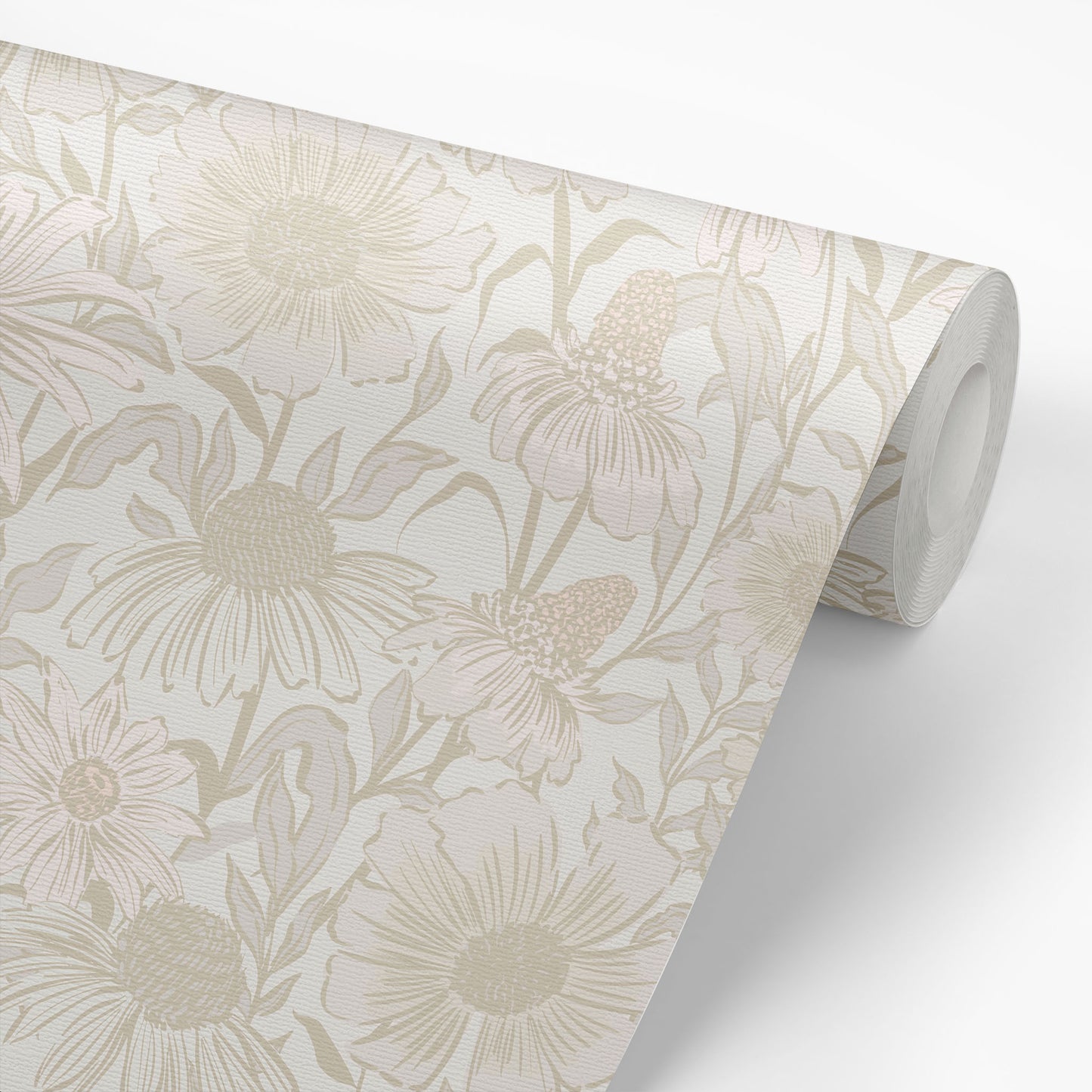 Roll of floral wallpaper with a beige and white color scheme on a light background.
