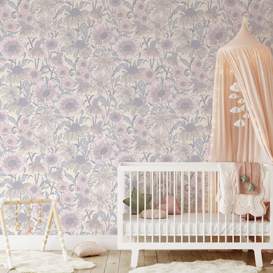 Nursery room with floral wallpaper, crib, and canopy