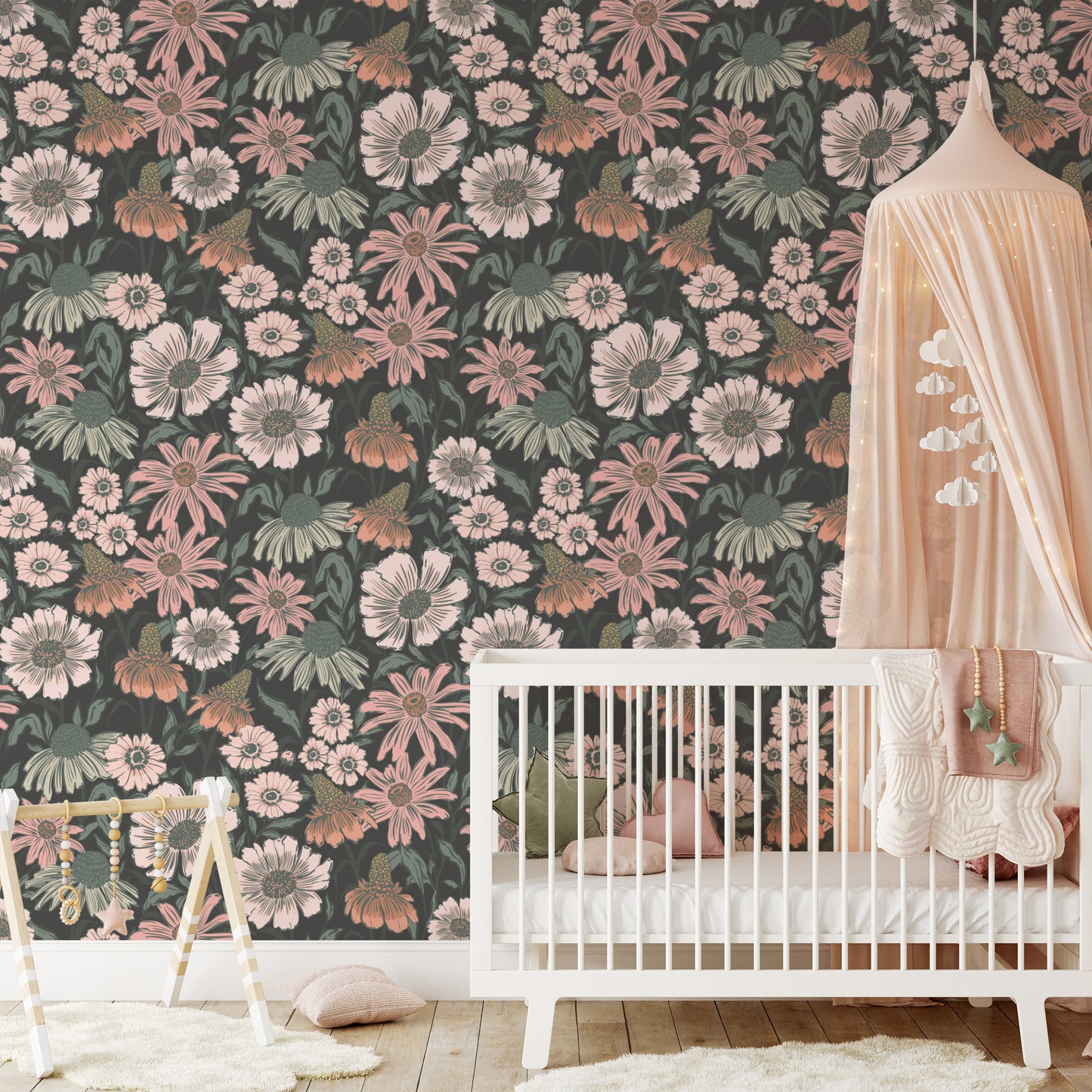 Nursery room with floral wallpaper, crib, and decorative elements.