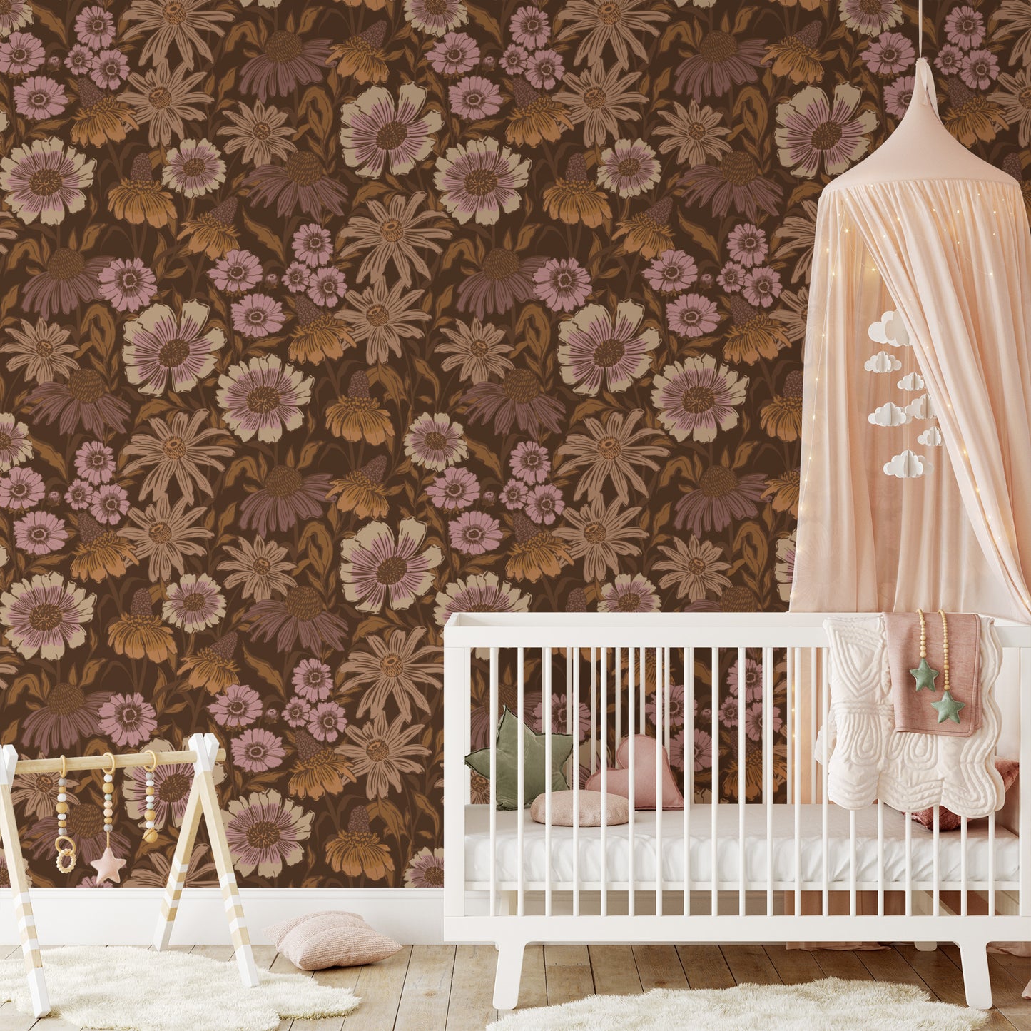 Nursery room with floral wallpaper, white crib, and decorative elements.