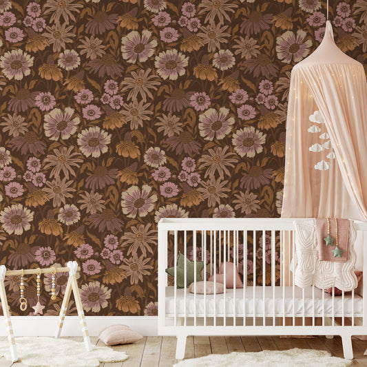 Nursery room with floral wallpaper, white crib, and decorative elements.