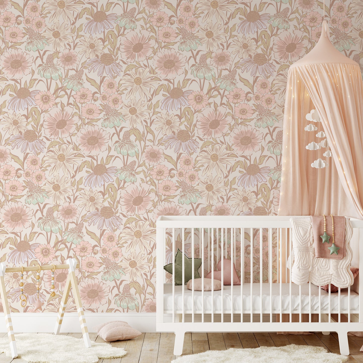 Nursery with floral wallpaper, white crib, and pink canopy.