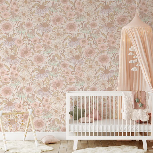 Nursery with floral wallpaper, white crib, and pink canopy.