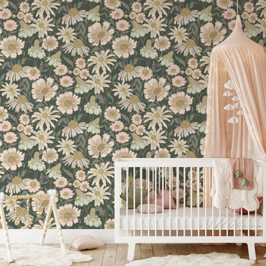 Nursery room with floral wallpaper, white crib, and pink canopy.