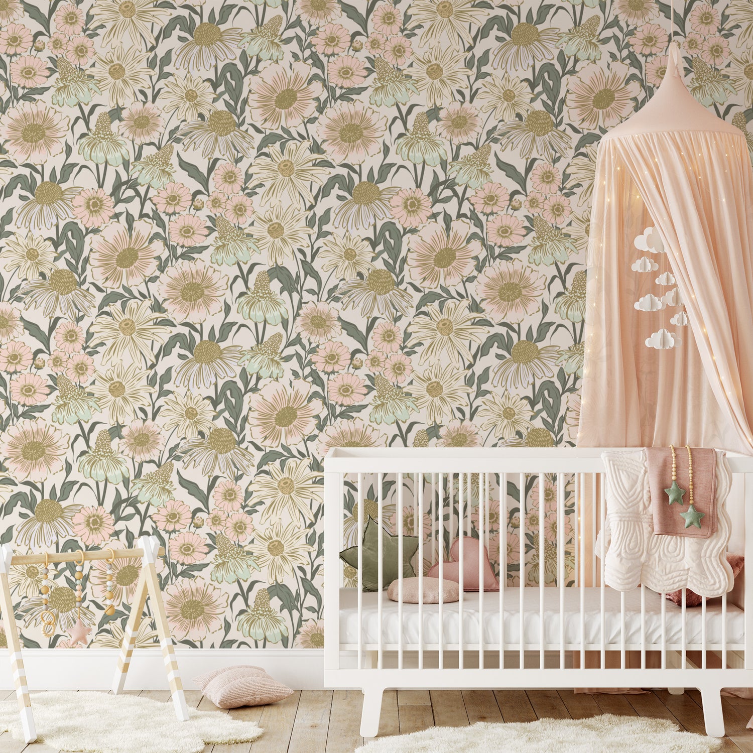 Children's room with floral wallpaper, crib, and canopy