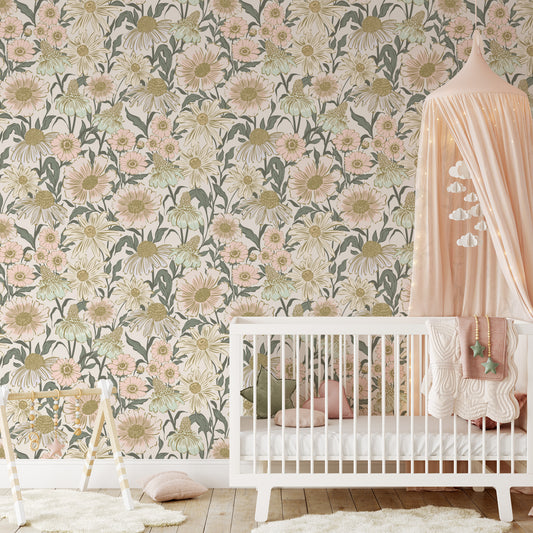 Children's room with floral wallpaper, crib, and canopy