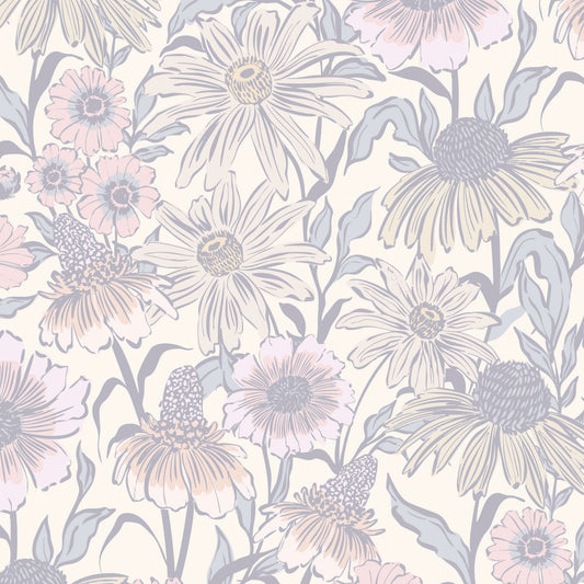 Pattern of stylized flowers in pastel colors on a light background