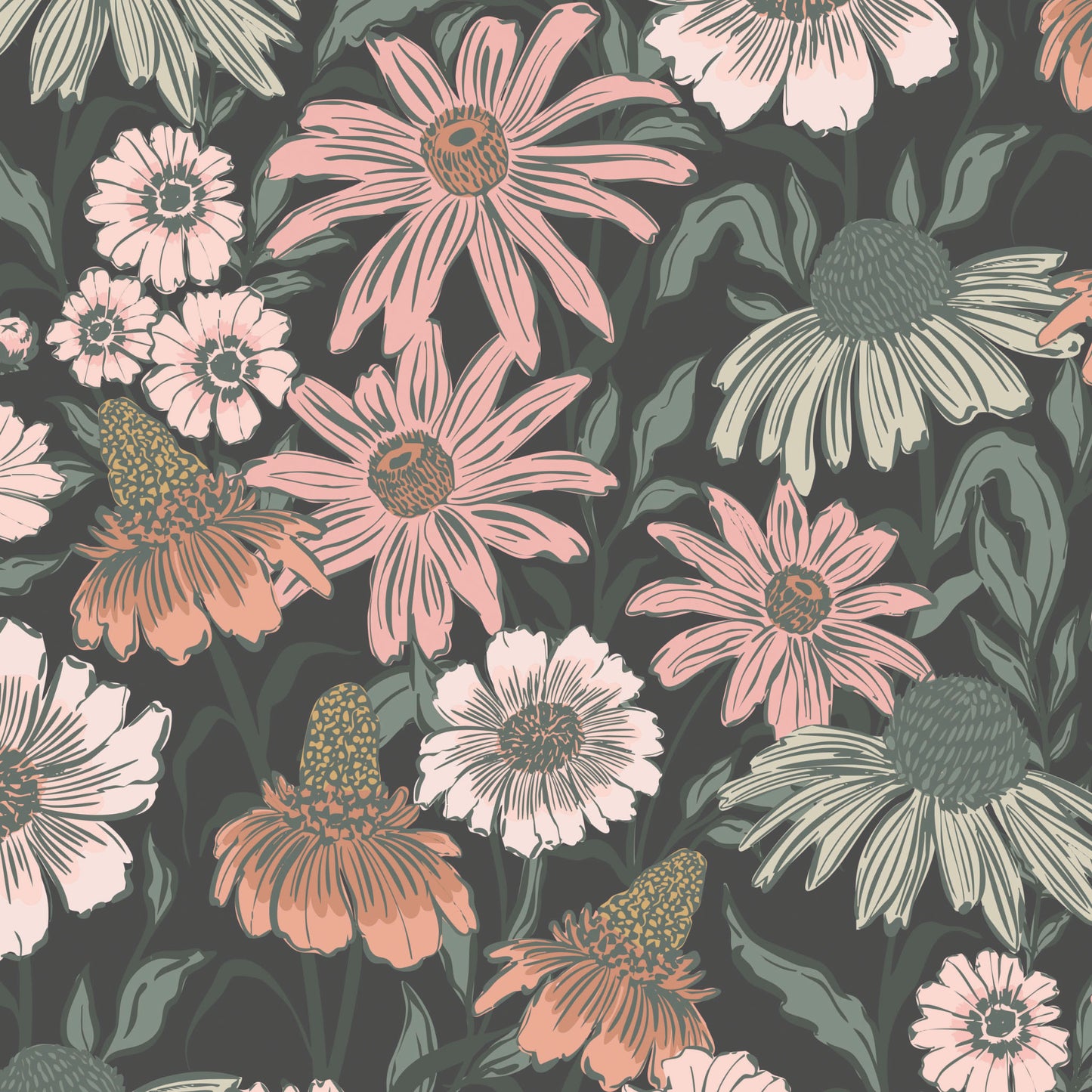 Floral pattern with pink, green, and white flowers on a dark background