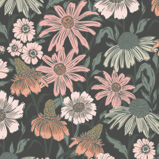 Floral pattern with pink, green, and white flowers on a dark background