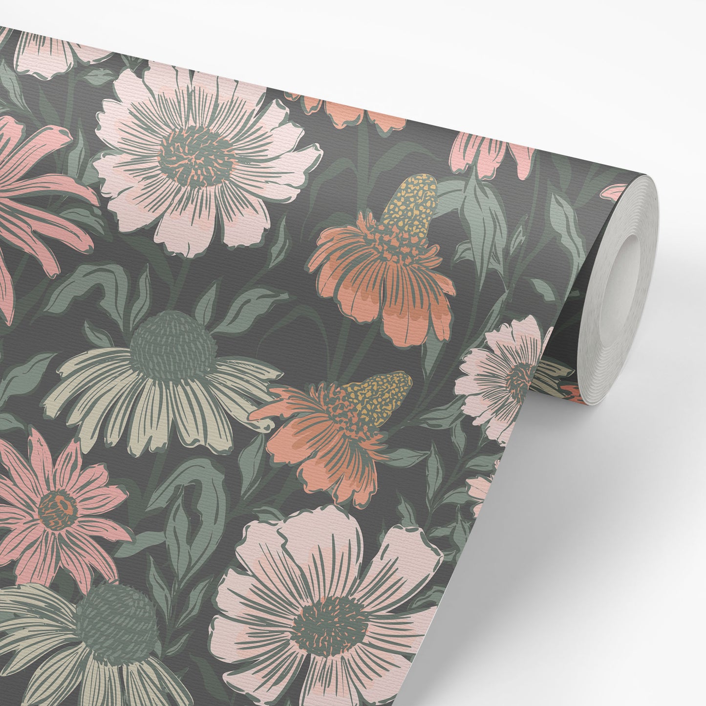 Roll of floral wallpaper with pink, orange, and green flowers on a dark background