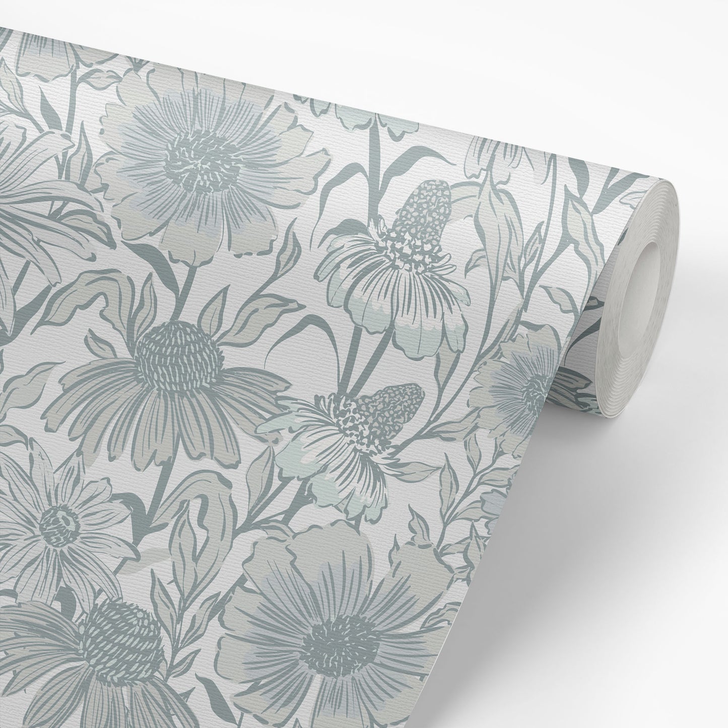 Roll of floral wallpaper with green flowers on a light background
