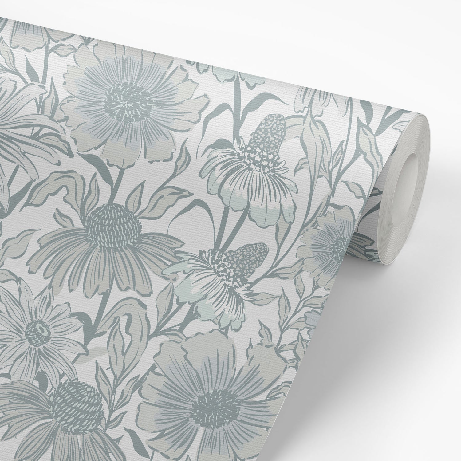 Roll of floral wallpaper with green flowers on a light background