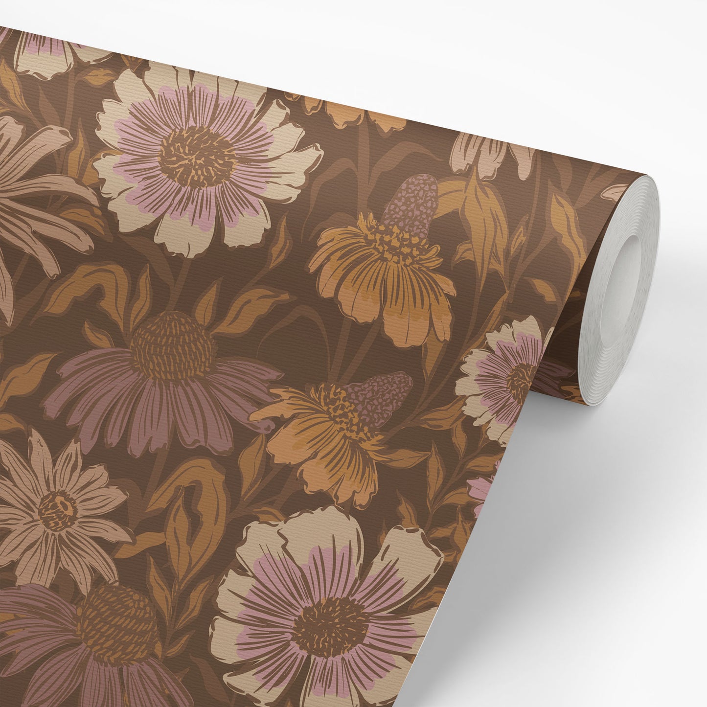 Roll of floral wallpaper with brown and beige flowers on a mocha background