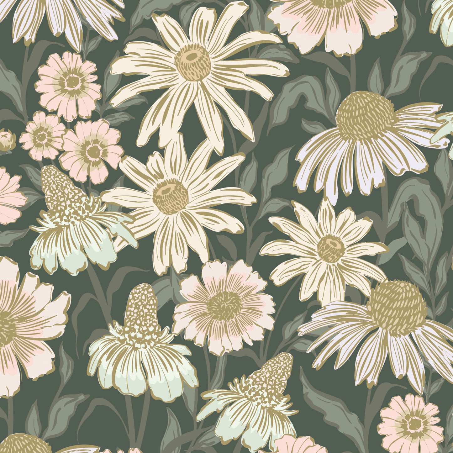 Floral pattern with flowers on a green background