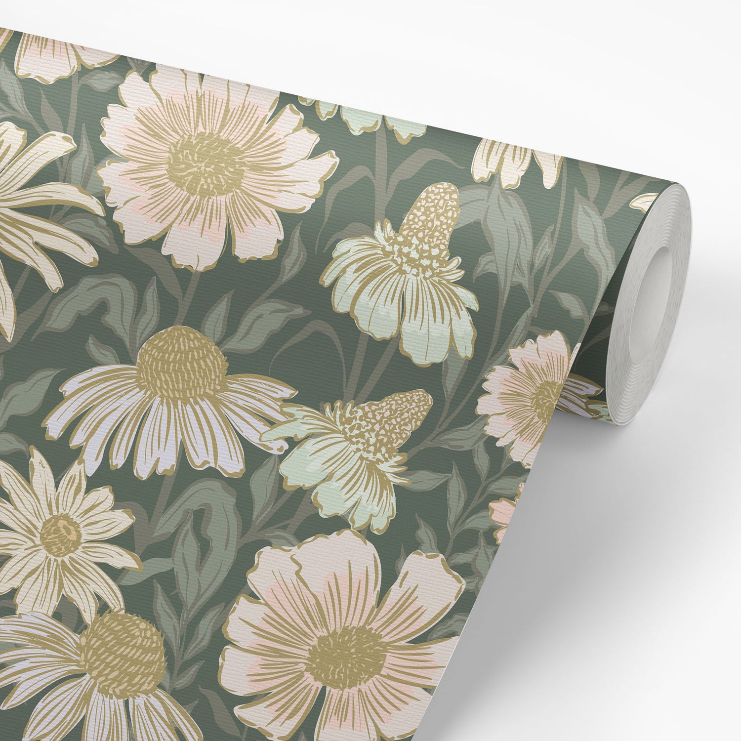 Roll of floral wallpaper with flowers on a green background
