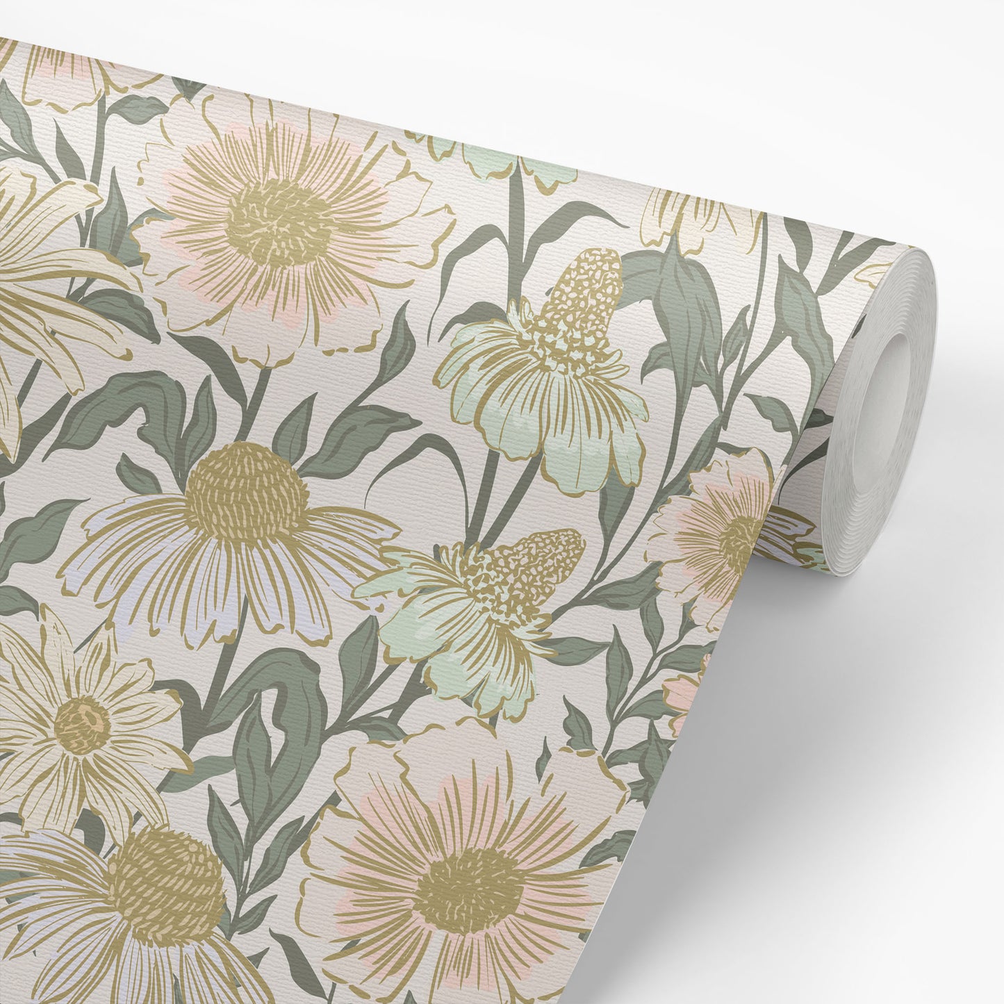 Roll of floral wallpaper with green and pink flowers on a light background