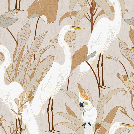Designed with an eye-catching flair of animals and class, Cranes and Cockatoo Wallpaper - Bone encaptures tasteful luxury. This exclusive wallpaper features a sophisticated design of cranes and cockatoos, perfect for bringing a sense of refinement and elegance to your home.