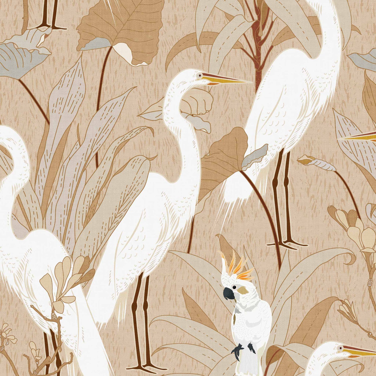 Designed with an eye-catching flair of animals and class, Cranes and Cockatoo Wallpaper - Tan encaptures tasteful luxury. This exclusive wallpaper features a sophisticated design of cranes and cockatoos, perfect for bringing a sense of refinement and elegance to your home.