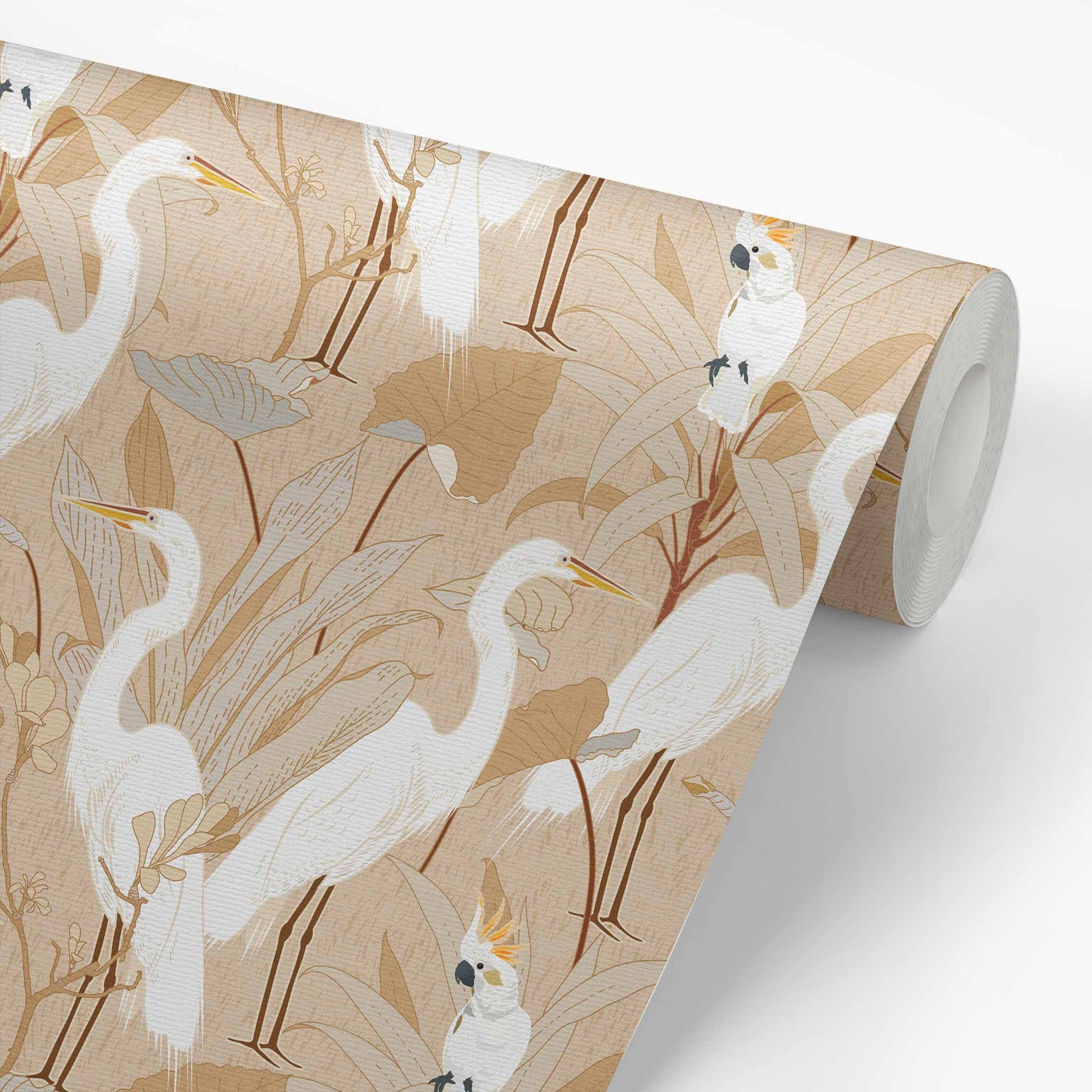 Designed with an eye-catching flair of animals and class, Cranes and Cockatoo Wallpaper - Tan encaptures tasteful luxury. This exclusive wallpaper features a sophisticated design of cranes and cockatoos, perfect for bringing a sense of refinement and elegance to your home.
