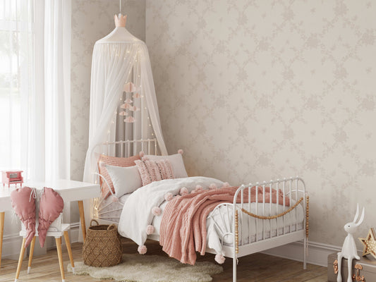 Vining Wild Roses Wallpaper in the color cream shown in a bedroom.