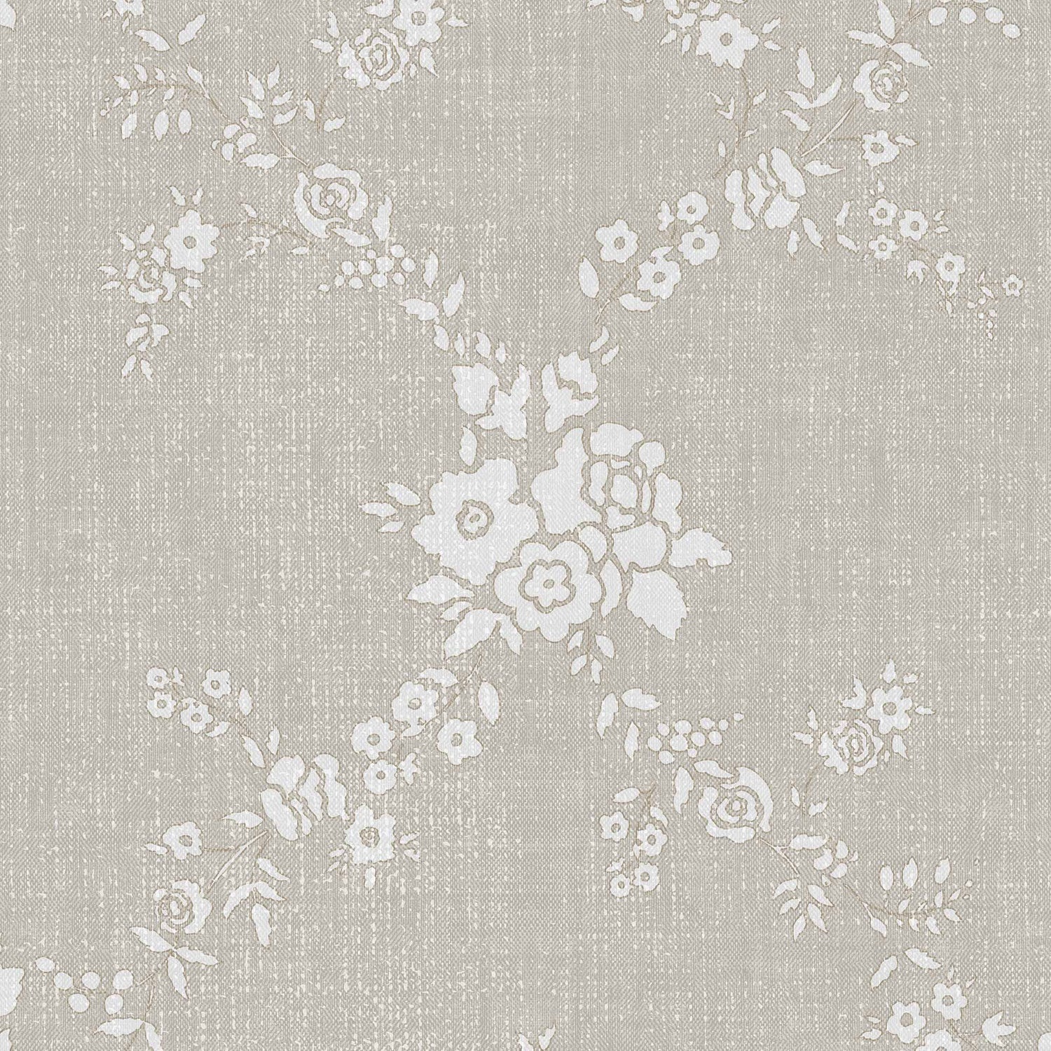 Vining Wild Roses Wallpaper in Dove Gray shown up close.