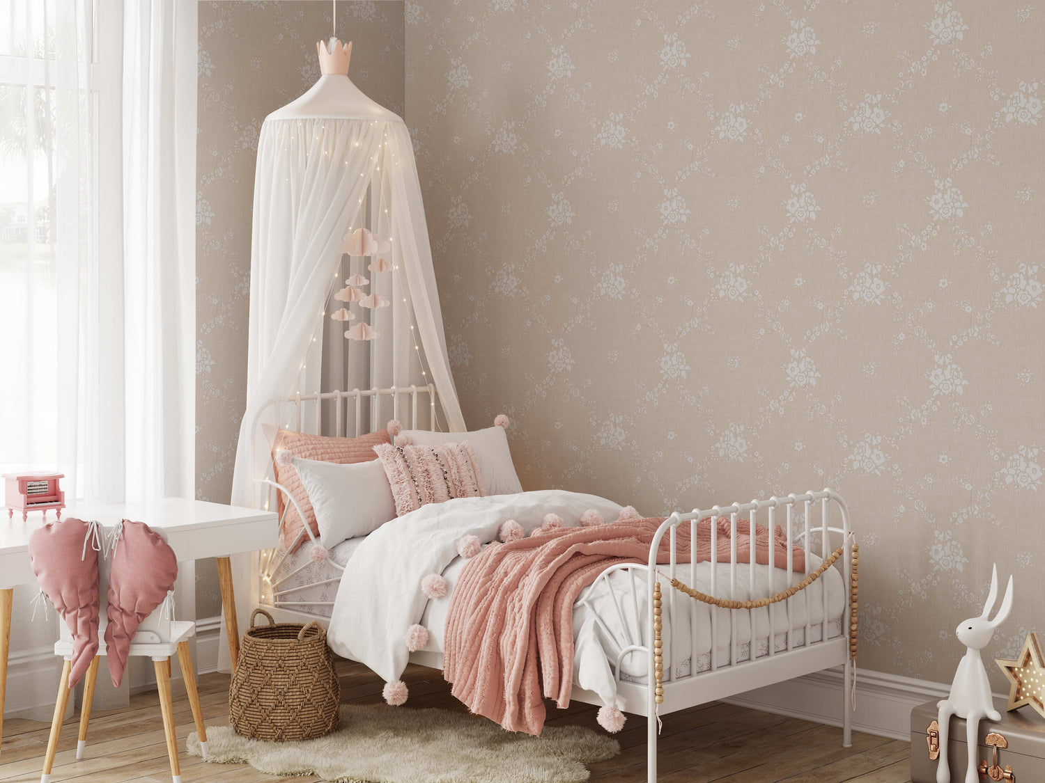 Vining Wild Roses Wallpaper in Dusty Peach shown in a bedroom.