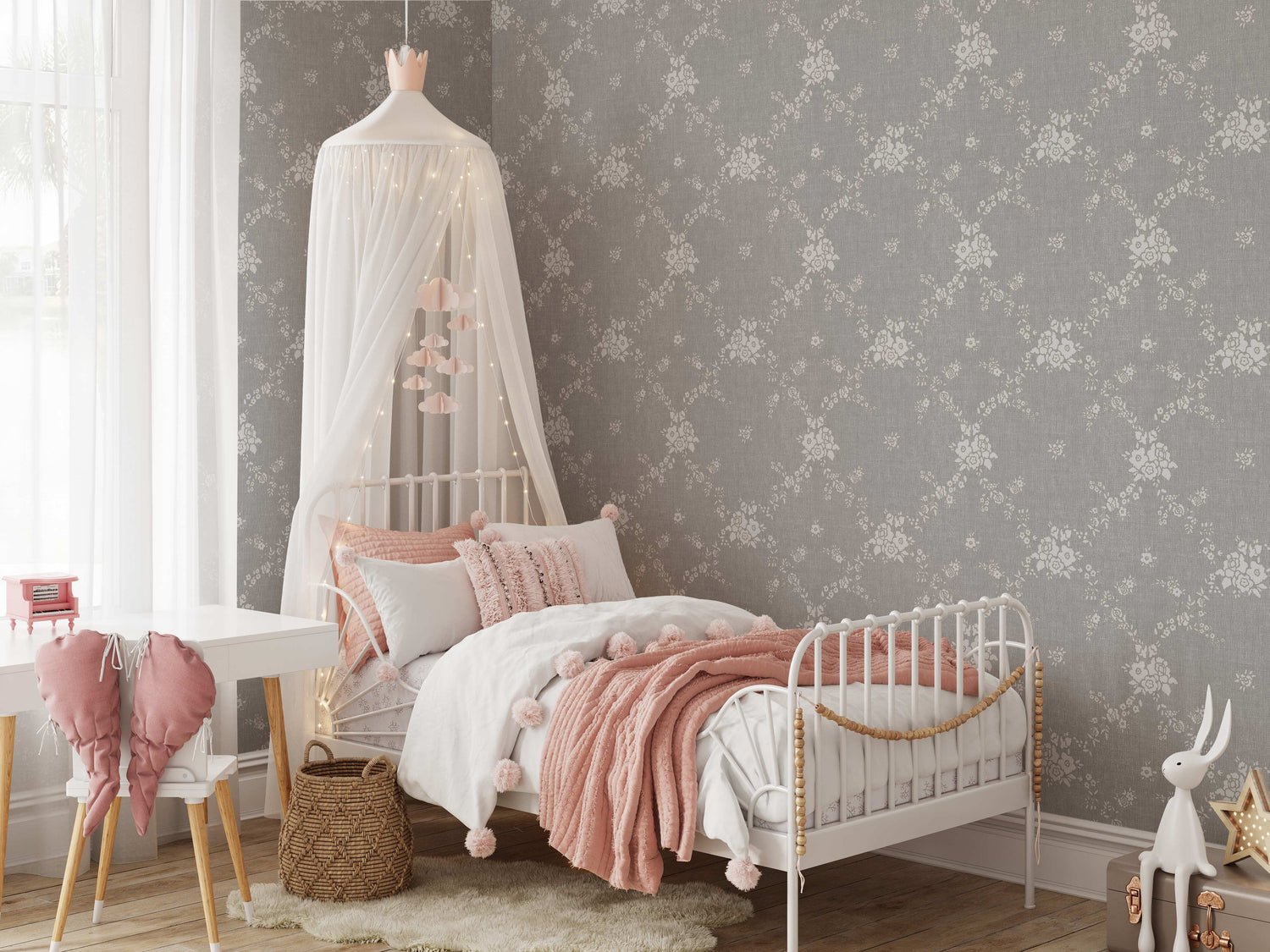 Vining Wild Roses Wallpaper in Gray shown in a bedroom.