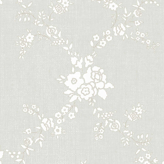 Vining Wild Roses Wallpaper in Light Gray shown up close.